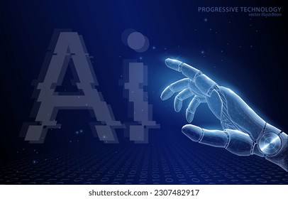 Vector illustration concept, a cyborg robot hand with the inscription AI, on a blue background, a symbol of futuristic technologies, artificial intelligence, machine learning, databases, internet.