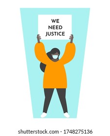 Concepto de ilustración vectorial con una chica de piel oscura sosteniendo el folleto "Necesitamos justicia" en una manifestación pacífica. Luchando por los derechos humanos cuando el hombre siente encarcelamiento masivo y brutalidad policial