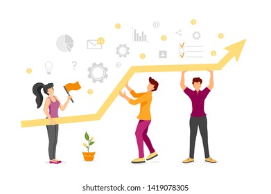 Vector illustration concept of data analysis, teamwork, statistics, success, productivity and workflow. Growt chart and tiny people working in a team. Perfect for banner, business presentation.