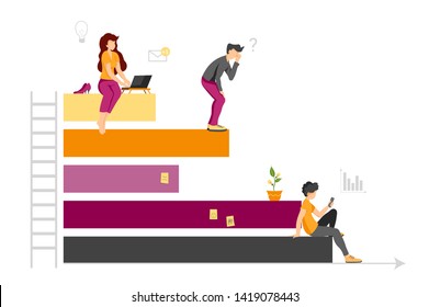 Vector illustration concept of data analysis, teamwork, statistics, business and workflow. Pie chart with tiny working people. Flat design for banner, poster, business presentation.