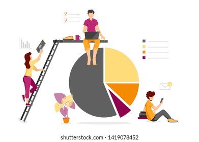 Vector illustration concept of data analysis, teamwork, statistics, business and workflow. Pie chart with tiny working people. Creative design for banner, poster, business presentation.