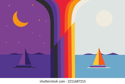 Vector illustration concept of day and night. The boat sails on the sea day and night.