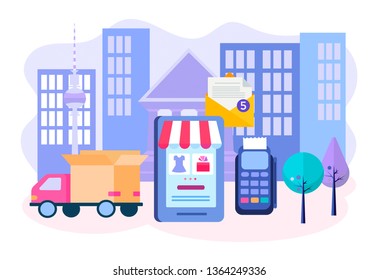 Vector illustration of the concept of delivery of goods from the online store, order online, payment on the Internet or through the terminal upon delivery, convenient and fast delivery of goods.
