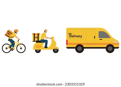 Ilustración vectorial Concepto de servicio de entrega, domicilio de entrega y oficina. Cruceros, motos y bicicletas.
