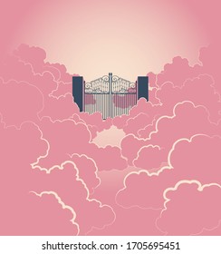 A vector illustration of a concept depicting the majestic pearly gates of heaven surrounded by clouds