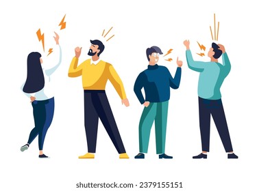 Vector illustration concept design on white background. Set of couple of people quarreling and swearing. Aggressive people shout at each other. Infographics.Graphic design in flat stylish vector style