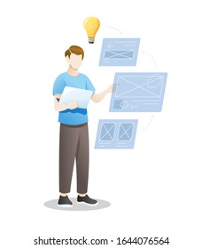 Vector illustration concept of designing process. Young man designing website or mobile application, Creative process in design or work. Vector flat style illustration