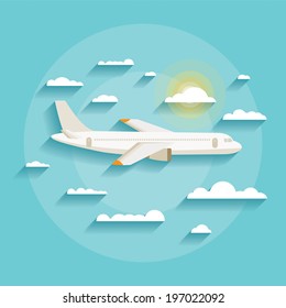 Vector illustration concept of detailed airplane flying through clouds in the blue sky in modern flat design. Isolated on stylish background.