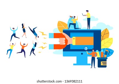 Vector illustration, concept of a digital marketing, generating potential online shop customers, attracting customers with a magnet. Flat cartoon style