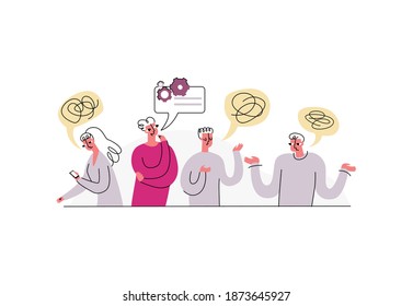 Vector illustration with concept of discussion, problem solving, brainstorming. People and colleagues are shown talking. In speech bubbles use metaphor delusion. One person offers constructive idea.