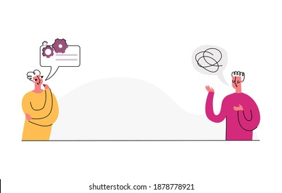 Vector illustration concept discussion, problem solving, brainstorming. Two people are depicted, one saying something stupid, the other telling constructive idea in speech bubble. Empty space for text