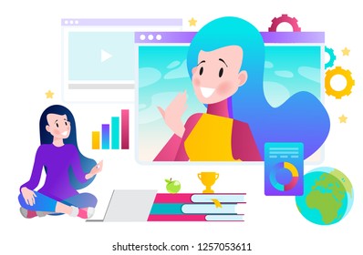 Vector illustration concept of distance education, online courses, webinars, trainings. Modern flat design for online advertising, websites and much more.