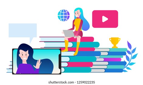 Vector illustration concept of distance education, online courses, webinars, trainings. Modern flat design for online advertising, websites and much more.