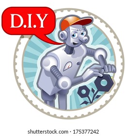 Vector Illustration: Concept of DIY Label. Funny Robot Say "DIY"  Exper in Work