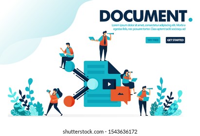 Vector illustration concept of document sharing. People share work documents and paperwork. Sharing and collaboration at work. Designed for landing page, web, banner, template, background, flyer