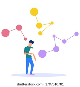 Vector illustration of the concept of doubt. . malecular and atomic compounds. Modern science learning, great discoveries. The scientist conducts research in his laboratory and studies statistical.