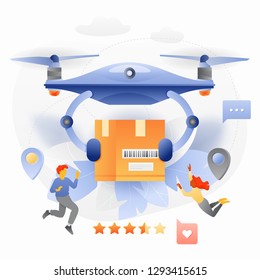Vector illustration concept of drone delivery service. Drone with package box and tiny people characters in a modern flat gradient style.