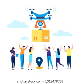 Vector illustration concept of drone delivery service. Drone with package box and tiny people characters in a modern flat colorful cartoon style