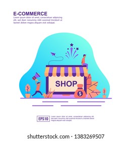 Vector illustration concept of e commerce. Modern illustration conceptual for banner, flyer, promotion, marketing material, online advertising, business presentation
