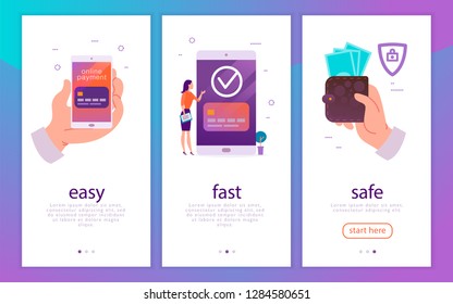 Vektorgrafik-Konzept für einfache, schnelle und sichere Zahlungen für Handy-Geld, bei dem Handwerker Smartphone und Frauen bei großen Geräten online bezahlen. Flacher Stil. Für mobile App, Landing-Page, Web-Banner