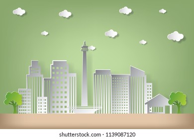 Vector illustration concept of eco, earth day and world environment day. Landscape city building with cloud. Paper art and craft style.