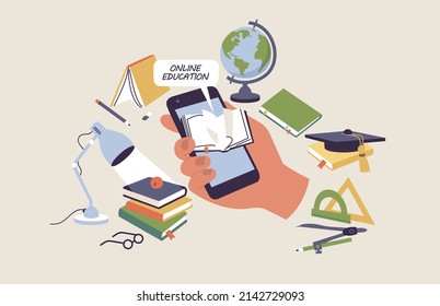 Vector illustration concept of education on mobile application with online training. Hand human hand holding phone with open book on screen surrounded books and educational items