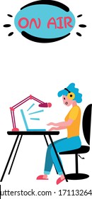 Vector illustration of the concept of an educational or entertainment podcast. A young woman hosts a podcast while sitting at home in front of a microphone and laptop