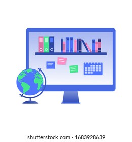 Vector illustration concept of educational space online. Educational supplies, books, globe, calendar, notes in the desktop.
