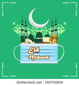 Vector illustration concept for Eid Mubarak, Islamic festival celebration with mosque. Wear mask, Stay Safe.