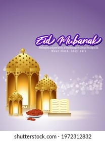 Vector illustration concept of Eid Mubarak, Islamic festival celebrations. Wear mask, Stay Safe.