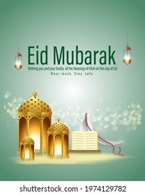 Vector illustration concept of Eid Mubarak, Islamic festival celebrations. Wear mask, Stay Safe.