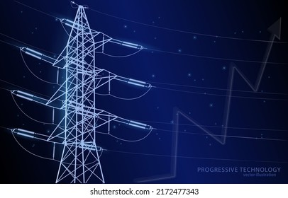 Vector illustration concept of electric pylon and electricity consumption growth graph on dark blue background, symbol of electricity, business, modernization and progress.