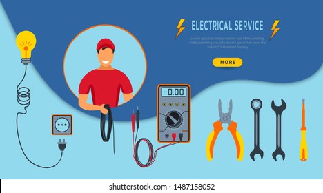 Vector Illustration Concept Electrical service. Horizontal banner  with cartoon electrician in red uniform holding cable. Set of colorful professional tools pliers, multimeter, screwdriver, light bulb