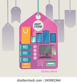vector illustration concept for electronic and gadget store. On line store. hang tag promotion