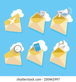 vector illustration concept of e-mail marketing icons on blue background.