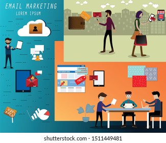 vector illustration concept of email marketing,The owner using email for marketing channels to customers,Using email get more sales from store to customers,flat design style