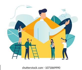 Vector Illustration, Concept Of An E-mail Message, A New Incoming Sms, A Large Person Climbs Out Of The Envelope And Notifies The Message, Mail Notification Sending Vector