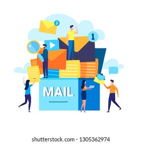 Vector illustration, concept of an e-mail message in the mailbox, a new incoming sms, video, content. Small people with envelopes, the message notifing, mail notification sending