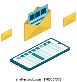 Vector illustration, concept of an email message, a new incoming sms, mail notification sending