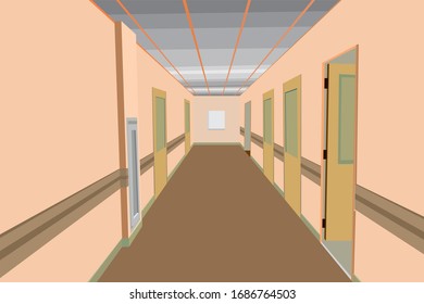 vector illustration concept of empty office, hospital corridor, building interior, polyclinic corridor