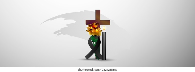 Vector illustration concept of the end of life death. Candles are burning and flowers are lying by the candles. Christian religion rite.