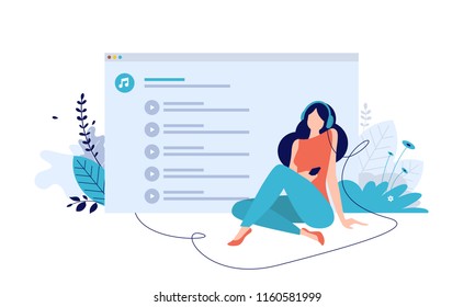 Vector illustration concept of entertainment, music applications, playlist, online songs, radio stations. Creative flat design for web banner, marketing material, online advertising.