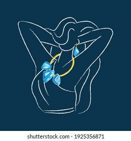 Vector illustration with concept of expensive, precious jewelry. Silhouette of character with necklace and earring is depicted.