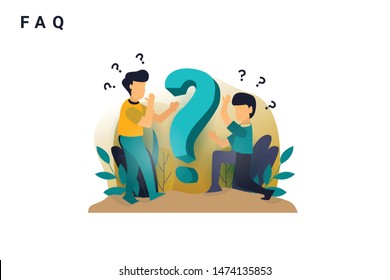 Vector illustration, concept of FAQ, frequently asked questions people around question marks for web page, banner, presentation, social media, flat design, landing page, blog and web image.