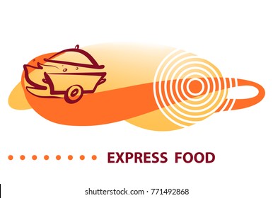 Vector illustration. Concept  for fast delivery. Template logo with minimalist modern sign. Silhouette of pan with cap. Sketch image fire, steam, wheel. 
