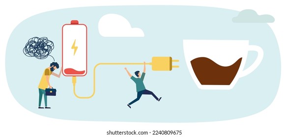 Vector illustration concept of fatigue from work. Burnout at work. The need for additional energy from coffee. Motivation for work. Coffee energy.