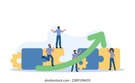 Vector illustration concept featuring a team of businessmen working together to solve puzzle and achieve success in business. Successful collaboration and cooperation lead to innovative solutions 