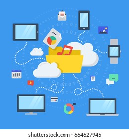 Vector illustration concept for file storage, sharing, in cloud computing.