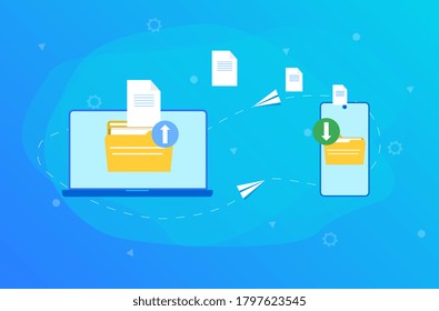 Vector illustration concept of file transfer. Data download and upload between gadgets in internet