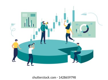 Vector illustration, Concept of financial management, Statistics and business report, little people as puzzles collect infographics